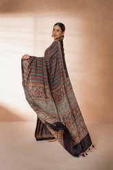 Black/Maroon Modal Silk Ajrakh Hand Block Zig Zag Printed Saree